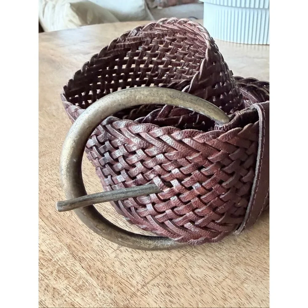 Garner Hill Genuine Leather Woven Belt Brown Wide Boho Western Round Buckle Size